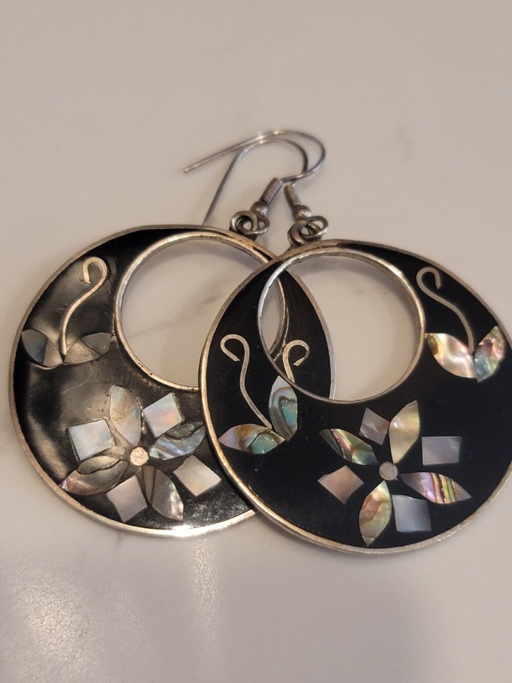 Vintage Alpaca Mexico Abalone MOP Floral Earrings Black Inlay 1970s 80s